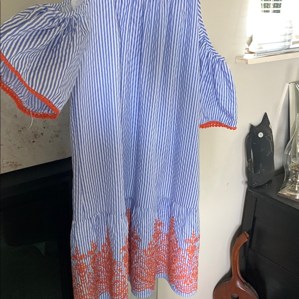 Maggy London Blue and Orange Striped Dress, Cold Shoulder Sleeve